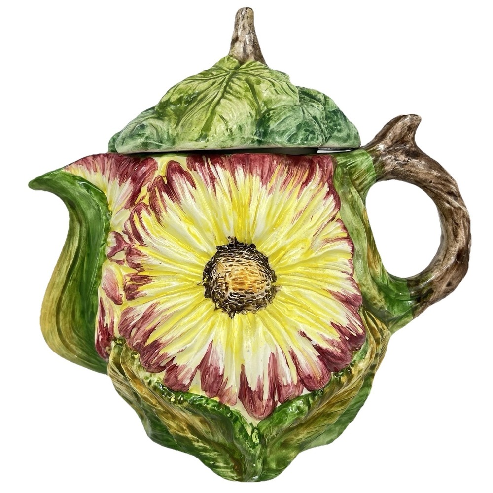 VTG Italian Majolica Hand Painted Pitcher Teapot 3D Zinnia Sunflower MCM Rustic